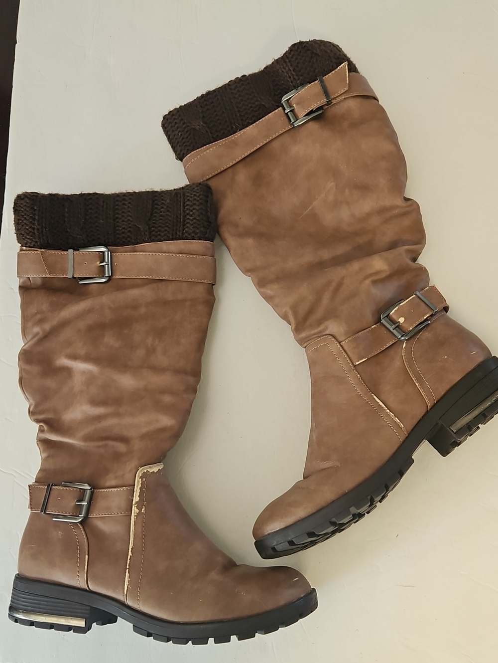 Call It Spring Tan Knee-High Buckle Boots with Dark Knit Cuff